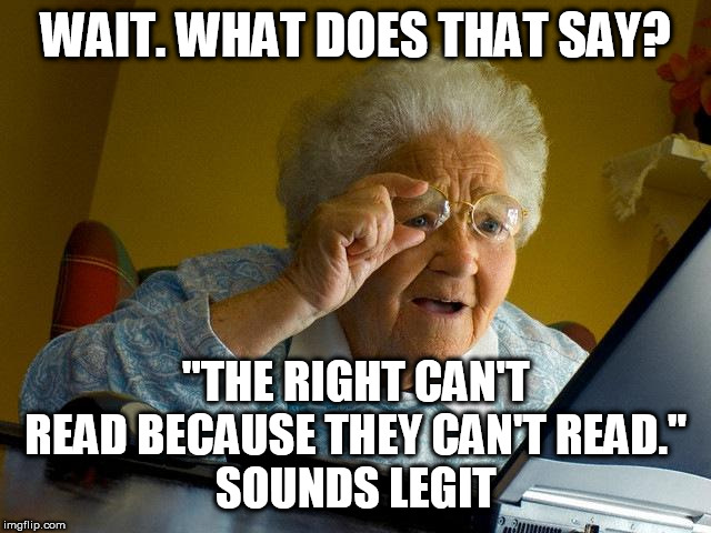 Grandma Finds The Internet Meme | WAIT. WHAT DOES THAT SAY? "THE RIGHT CAN'T READ BECAUSE THEY CAN'T READ."
SOUNDS LEGIT | image tagged in memes,grandma finds the internet | made w/ Imgflip meme maker