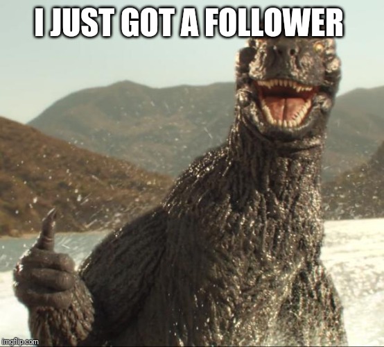 Godzilla approved | I JUST GOT A FOLLOWER | image tagged in godzilla approved | made w/ Imgflip meme maker