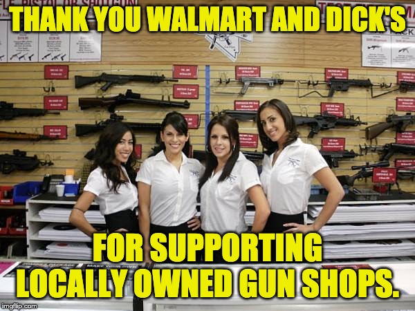 Shop locally. | THANK YOU WALMART AND DICK'S; FOR SUPPORTING LOCALLY OWNED GUN SHOPS. | image tagged in guns | made w/ Imgflip meme maker