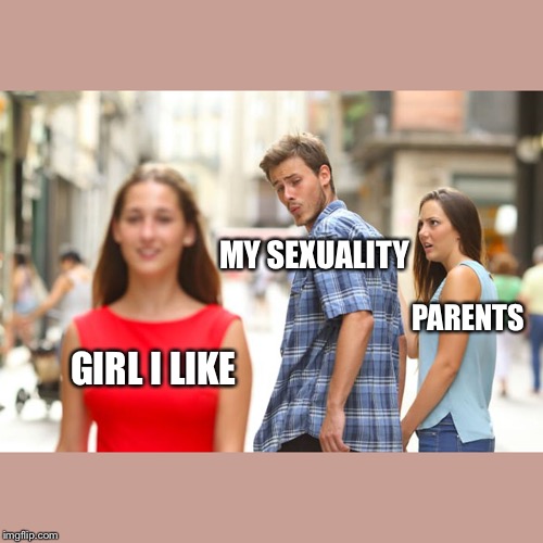 Distracted Boyfriend Meme | MY SEXUALITY; PARENTS; GIRL I LIKE | image tagged in memes,distracted boyfriend | made w/ Imgflip meme maker