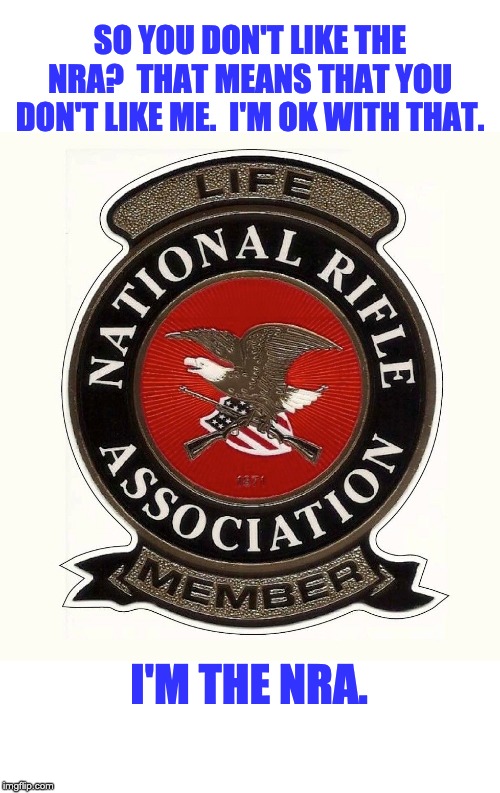 The NRA is actually an organization of millions of people. | SO YOU DON'T LIKE THE NRA?  THAT MEANS THAT YOU DON'T LIKE ME.  I'M OK WITH THAT. I'M THE NRA. | image tagged in guns | made w/ Imgflip meme maker