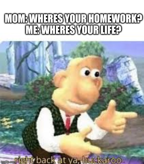 right back at ya, buckaroo | MOM: WHERES YOUR HOMEWORK?
ME: WHERES YOUR LIFE? | image tagged in right back at ya buckaroo | made w/ Imgflip meme maker