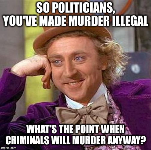 Creepy Condescending Wonka Meme | SO POLITICIANS, YOU'VE MADE MURDER ILLEGAL WHAT'S THE POINT WHEN CRIMINALS WILL MURDER ANYWAY? | image tagged in memes,creepy condescending wonka | made w/ Imgflip meme maker