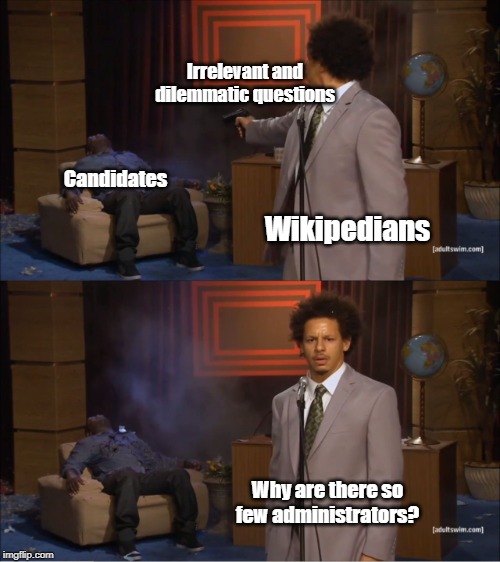 Who Killed Hannibal Meme | Irrelevant and dilemmatic questions; Candidates; Wikipedians; Why are there so few administrators? | image tagged in memes,who killed hannibal | made w/ Imgflip meme maker