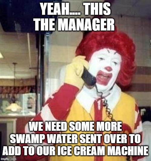 Ronald McDonald Temp | YEAH.... THIS THE MANAGER WE NEED SOME MORE SWAMP WATER SENT OVER TO ADD TO OUR ICE CREAM MACHINE | image tagged in ronald mcdonald temp | made w/ Imgflip meme maker