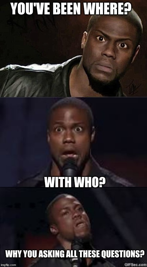 Kevin Hart | YOU'VE BEEN WHERE? WITH WHO? WHY YOU ASKING ALL THESE QUESTIONS? | image tagged in memes,kevin hart | made w/ Imgflip meme maker