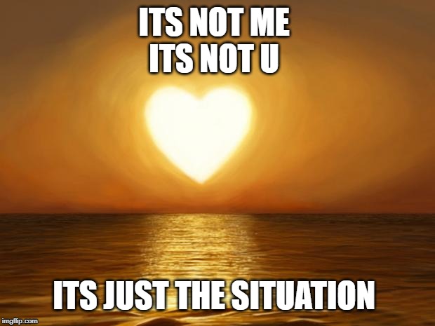 Love | ITS NOT ME 
ITS NOT U; ITS JUST THE SITUATION | image tagged in love | made w/ Imgflip meme maker
