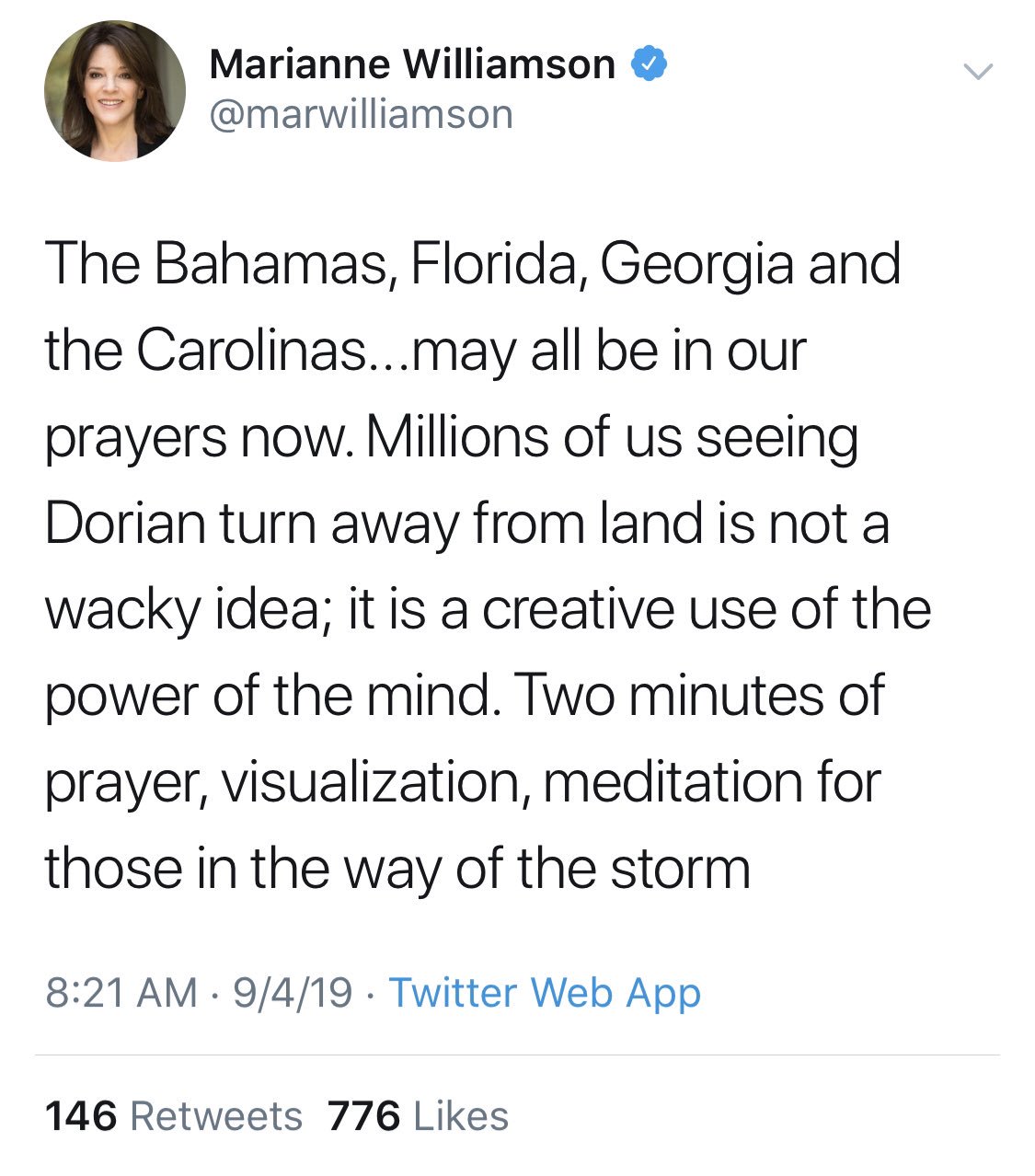 High Quality Marianne Williamson hurricane tweet Blank Meme Template
