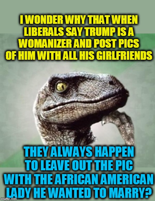 why? | I WONDER WHY THAT WHEN LIBERALS SAY TRUMP IS A WOMANIZER AND POST PICS OF HIM WITH ALL HIS GIRLFRIENDS; THEY ALWAYS HAPPEN TO LEAVE OUT THE PIC WITH THE AFRICAN AMERICAN LADY HE WANTED TO MARRY? | image tagged in t-rex wonder,politics,racist,trump | made w/ Imgflip meme maker