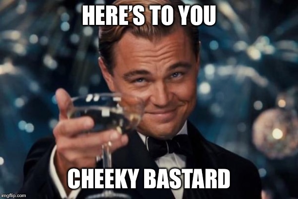 Leonardo Dicaprio Cheers Meme | HERE’S TO YOU CHEEKY BASTARD | image tagged in memes,leonardo dicaprio cheers | made w/ Imgflip meme maker