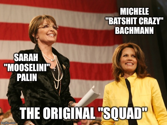 The Original Crazy Squad | MICHELE
"BATSHIT CRAZY"
BACHMANN; SARAH 
"MOOSELINI"
PALIN; THE ORIGINAL "SQUAD" | image tagged in sarah palin,michele bachmann | made w/ Imgflip meme maker