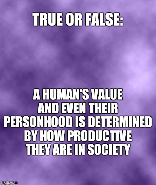 For example:Is a comotose person or someone on life support less valuable than the successful CEO of a major corporation? | TRUE OR FALSE:; A HUMAN'S VALUE AND EVEN THEIR PERSONHOOD IS DETERMINED BY HOW PRODUCTIVE THEY ARE IN SOCIETY | image tagged in purple background smoky soc,values,person | made w/ Imgflip meme maker