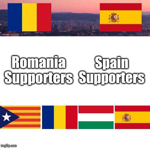 Romania - Spain at 7:45 pm | Spain Supporters; Romania Supporters | image tagged in memes,funny,football,soccer,romania,spain | made w/ Imgflip meme maker