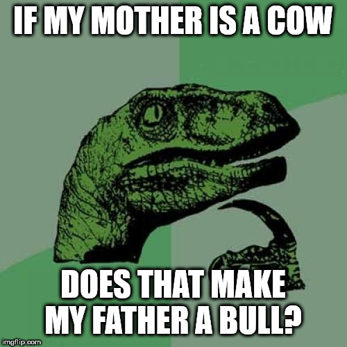 Philosoraptor Meme | IF MY MOTHER IS A COW DOES THAT MAKE MY FATHER A BULL? | image tagged in memes,philosoraptor | made w/ Imgflip meme maker