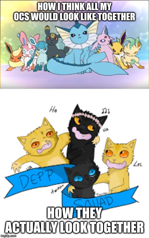 Well... i tried. | HOW I THINK ALL MY OCS WOULD LOOK LIKE TOGETHER; HOW THEY ACTUALLY LOOK TOGETHER | image tagged in pokemon sun moon eevee squad,expectation vs reality,original character,derp | made w/ Imgflip meme maker