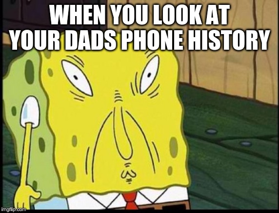 Spongbob meme | WHEN YOU LOOK AT YOUR DADS PHONE HISTORY | image tagged in spongbobs sons supprising thing | made w/ Imgflip meme maker