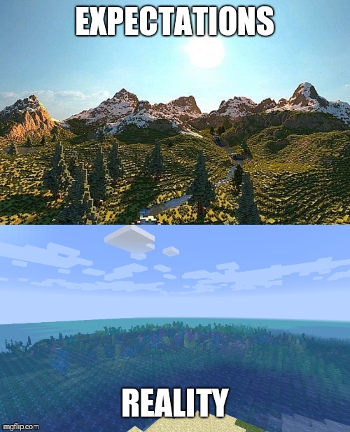 Large biomes in a nutshell | EXPECTATIONS; REALITY | image tagged in minecraft,memes | made w/ Imgflip meme maker