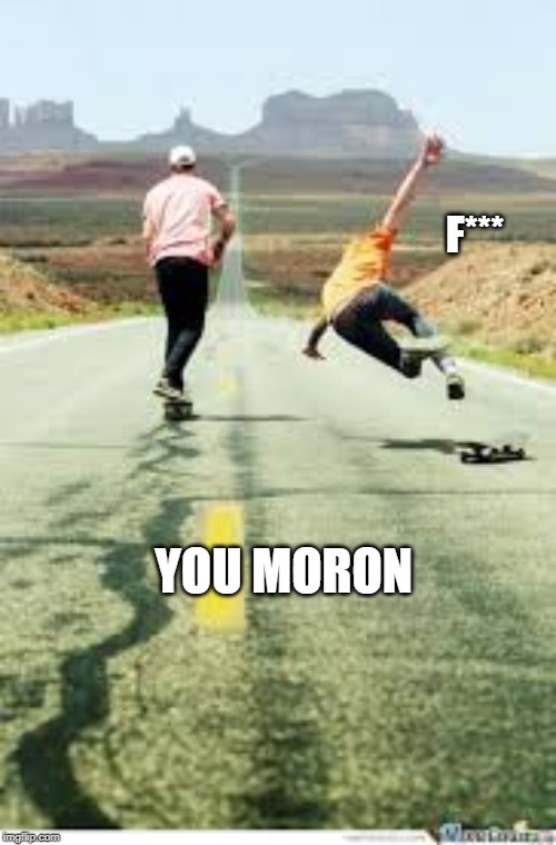 skateboard fail with | F***; YOU MORON | image tagged in skateboarding | made w/ Imgflip meme maker