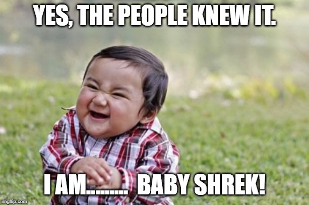 Evil Toddler Meme | YES, THE PEOPLE KNEW IT. I AM.........  BABY SHREK! | image tagged in memes,evil toddler | made w/ Imgflip meme maker