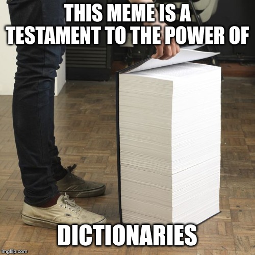 thick book | THIS MEME IS A TESTAMENT TO THE POWER OF DICTIONARIES | image tagged in thick book | made w/ Imgflip meme maker