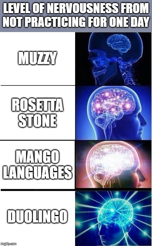 Expanding Brain Meme | LEVEL OF NERVOUSNESS FROM NOT PRACTICING FOR ONE DAY; MUZZY; ROSETTA STONE; MANGO LANGUAGES; DUOLINGO | image tagged in memes,expanding brain | made w/ Imgflip meme maker