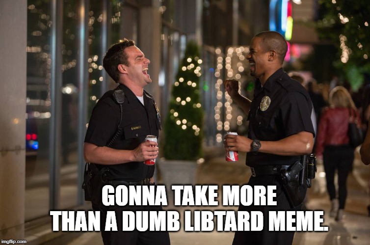 Cops laughing | GONNA TAKE MORE THAN A DUMB LIBTARD MEME. | image tagged in cops laughing | made w/ Imgflip meme maker