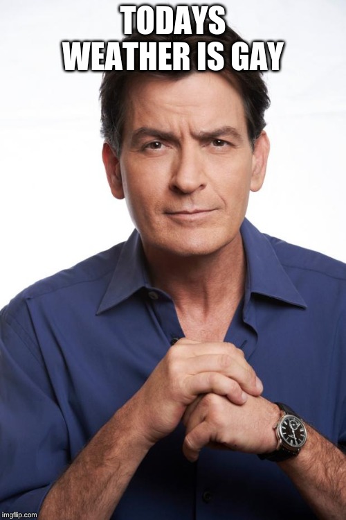 Charlie Sheen | TODAYS WEATHER IS GAY | image tagged in charlie sheen | made w/ Imgflip meme maker