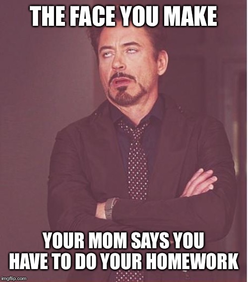 Face You Make Robert Downey Jr Meme | THE FACE YOU MAKE; YOUR MOM SAYS YOU HAVE TO DO YOUR HOMEWORK | image tagged in memes,face you make robert downey jr | made w/ Imgflip meme maker