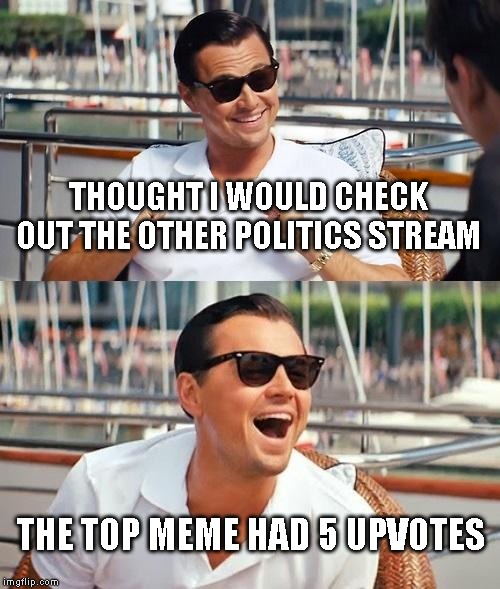 Leonardo Dicaprio Wolf Of Wall Street | THOUGHT I WOULD CHECK OUT THE OTHER POLITICS STREAM; THE TOP MEME HAD 5 UPVOTES | image tagged in memes,leonardo dicaprio wolf of wall street | made w/ Imgflip meme maker