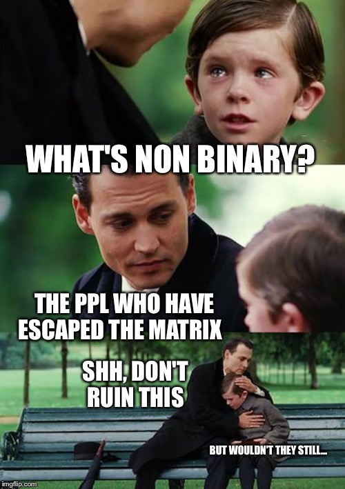 Finding Neverland | WHAT'S NON BINARY? THE PPL WHO HAVE ESCAPED THE MATRIX; SHH, DON'T RUIN THIS; BUT WOULDN'T THEY STILL... | image tagged in memes,finding neverland | made w/ Imgflip meme maker