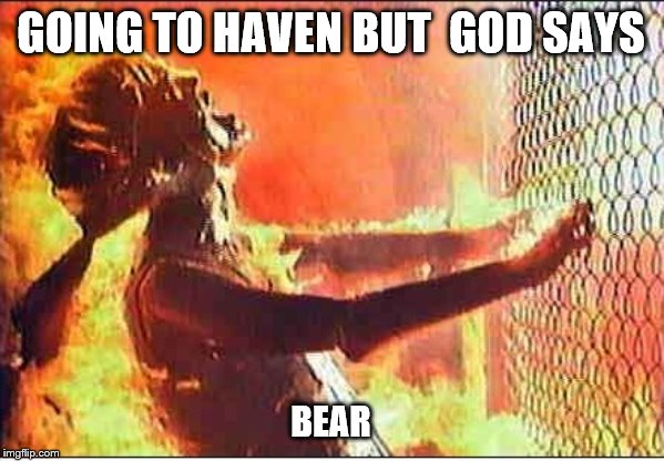 BurningSarahConnor | GOING TO HAVEN BUT  GOD SAYS; BEAR | image tagged in burningsarahconnor | made w/ Imgflip meme maker