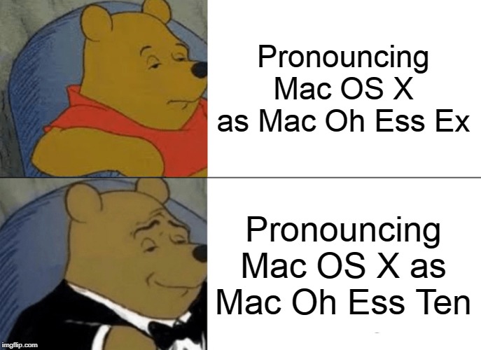 Tuxedo Winnie The Pooh | Pronouncing Mac OS X as Mac Oh Ess Ex; Pronouncing Mac OS X as Mac Oh Ess Ten | image tagged in memes,tuxedo winnie the pooh | made w/ Imgflip meme maker