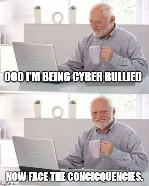 Hide the Pain Harold Meme | OOO I'M BEING CYBER BULLIED; NOW FACE THE CONCICQUENCIES. | image tagged in memes,hide the pain harold | made w/ Imgflip meme maker