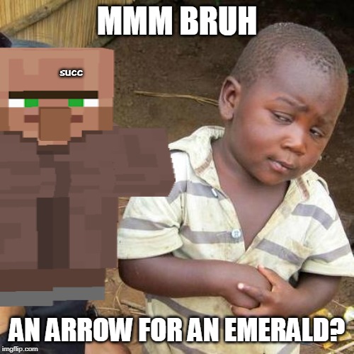 Villager trades must be good | MMM BRUH; succ; AN ARROW FOR AN EMERALD? | image tagged in minecraft,villager | made w/ Imgflip meme maker