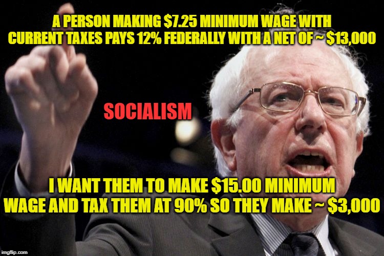 Socialism At Its Finest | A PERSON MAKING $7.25 MINIMUM WAGE WITH CURRENT TAXES PAYS 12% FEDERALLY WITH A NET OF ~ $13,000; SOCIALISM; I WANT THEM TO MAKE $15.00 MINIMUM WAGE AND TAX THEM AT 90% SO THEY MAKE ~ $3,000 | image tagged in bernie sanders,socialism sucks | made w/ Imgflip meme maker