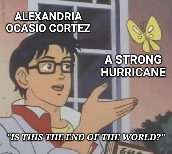 She and the rest of the Democrats would lead you to believe it is, ignoring the fact strong hurricanes have always existed. | ALEXANDRIA OCASIO CORTEZ; A STRONG HURRICANE; "IS THIS THE END OF THE WORLD?" | image tagged in memes,is this a pigeon,hurricane dorian | made w/ Imgflip meme maker