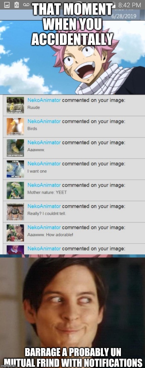 THAT MOMENT WHEN YOU ACCIDENTALLY; BARRAGE A PROBABLY UN MUTUAL FRIND WITH NOTIFICATIONS | image tagged in memes,spiderman peter parker | made w/ Imgflip meme maker