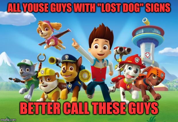 Paw Patrol  | ALL YOUSE GUYS WITH "LOST DOG" SIGNS; BETTER CALL THESE GUYS | image tagged in paw patrol | made w/ Imgflip meme maker