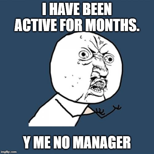Y U No Meme | I HAVE BEEN ACTIVE FOR MONTHS. Y ME NO MANAGER | image tagged in memes,y u no | made w/ Imgflip meme maker