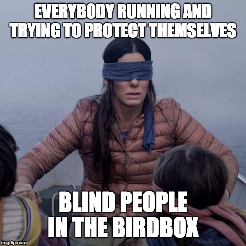 Bird Box | EVERYBODY RUNNING AND TRYING TO PROTECT THEMSELVES; BLIND PEOPLE IN THE BIRDBOX | image tagged in memes,bird box | made w/ Imgflip meme maker