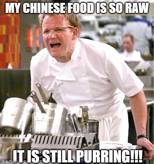 The Ol' Chinese Cliche | MY CHINESE FOOD IS SO RAW; IT IS STILL PURRING!!! | image tagged in memes,chef gordon ramsay | made w/ Imgflip meme maker