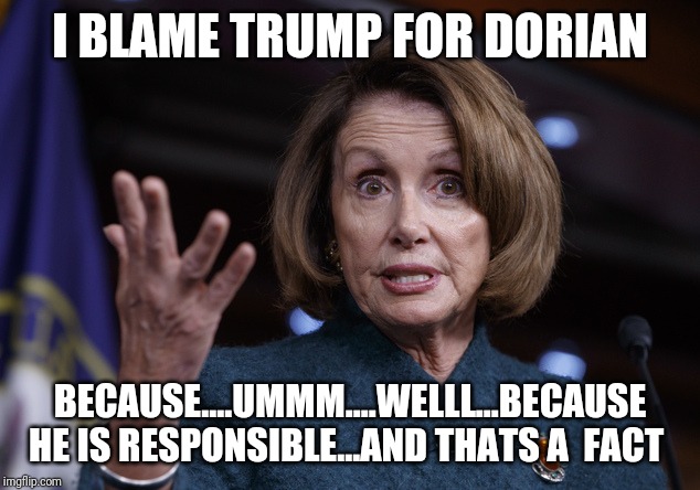 Good old Nancy Pelosi | I BLAME TRUMP FOR DORIAN; BECAUSE....UMMM....WELLL...BECAUSE HE IS RESPONSIBLE...AND THATS A  FACT | image tagged in good old nancy pelosi | made w/ Imgflip meme maker