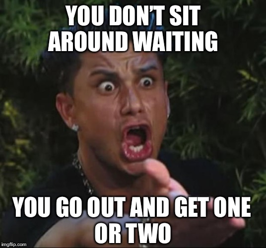 DJ Pauly D Meme | YOU DON’T SIT AROUND WAITING YOU GO OUT AND GET ONE OR TWO | image tagged in memes,dj pauly d | made w/ Imgflip meme maker