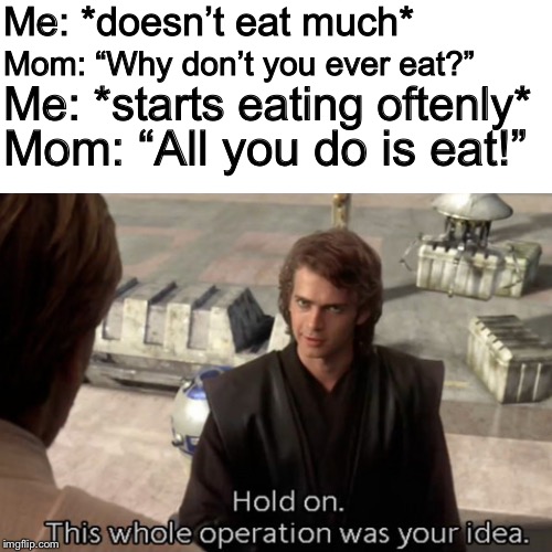 This whole operation was your idea. | Me: *doesn’t eat much*; Mom: “Why don’t you ever eat?”; Me: *starts eating oftenly*; Mom: “All you do is eat!” | image tagged in mom,memes,eating | made w/ Imgflip meme maker