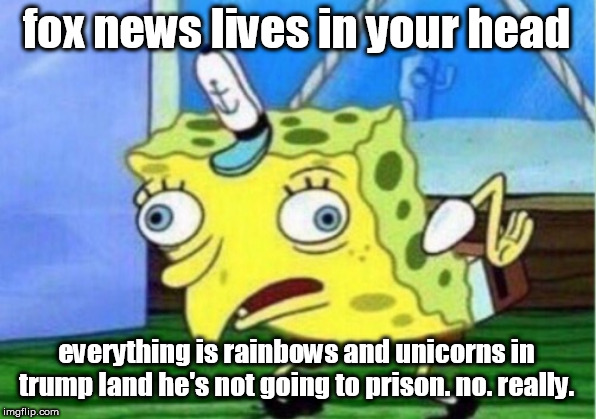 Mocking Spongebob | fox news lives in your head; everything is rainbows and unicorns in trump land he's not going to prison. no. really. | image tagged in memes,mocking spongebob | made w/ Imgflip meme maker