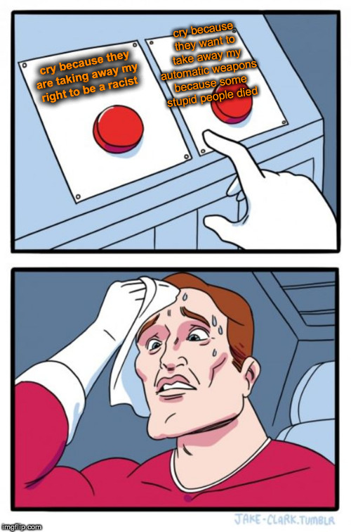 Two Buttons | cry because they want to take away my automatic weapons because some stupid people died; cry because they are taking away my right to be a racist | image tagged in memes,two buttons | made w/ Imgflip meme maker