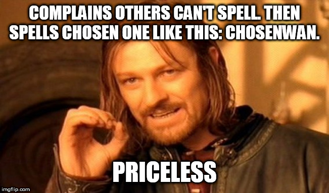 One Does Not Simply | COMPLAINS OTHERS CAN'T SPELL. THEN SPELLS CHOSEN ONE LIKE THIS: CHOSENWAN. PRICELESS | image tagged in memes,one does not simply | made w/ Imgflip meme maker