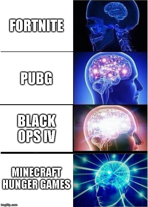 Expanding Brain | FORTNITE; PUBG; BLACK OPS IV; MINECRAFT HUNGER GAMES | image tagged in memes,expanding brain | made w/ Imgflip meme maker