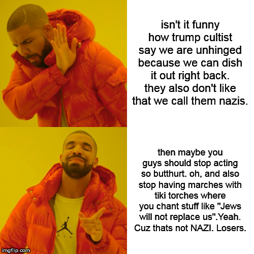 Drake Hotline Bling Meme | isn't it funny how trump cultist say we are unhinged because we can dish it out right back. they also don't like that we call them nazis. then maybe you guys should stop acting so butthurt. oh, and also stop having marches with tiki torches where you chant stuff like "Jews will not replace us".Yeah. Cuz thats not NAZI. Losers. | image tagged in memes,drake hotline bling | made w/ Imgflip meme maker