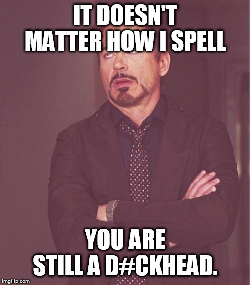 Face You Make Robert Downey Jr | IT DOESN'T MATTER HOW I SPELL; YOU ARE STILL A D#CKHEAD. | image tagged in memes,face you make robert downey jr | made w/ Imgflip meme maker
